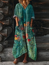 halpa Boho-mekot-Naisten Maksimekko A linjainen mekko Loma Vapaa-aika Päivittäin Normaali Loose Fit Kukka Kuvitettu Pitkähihainen V kaula-aukko Punastuvan vaaleanpunainen Tumma vaaleanpunainen Rubiini Sininen Kes