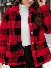 preiswerte Fleece-Futterjacken-Damen Fleecejacke Bequem Atmungsaktiv Tasche Knöpfe Druck Mode Lässig Karomuster Urlaub Straße Lässig Alltagskleidung Einreihig Regulär Umlegekragen Normale Passform Langarm Oberbekleidung Schwarz