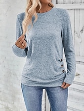 billige Plain t-skjorte-Dame Bluse Helfarge Tropisk Stilfull Fritid Langermet Crew-hals Vanlige topper Daglig Knapper Rosa Himmelblå Grønn Grå Sommer Vår Høst
