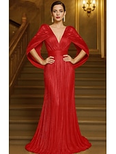 voordelige Zeemeermin Avondjurken-Gouden Sequin A-Lijn Avondjurk Elegante Jurk Formele Bruiloft Vloerlengte Korte Mouwen V-Hals Capes Lurex Stof met Plooien