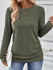 billiga Enkel t-shirt-Dam Blus Ensfärgat Tropisk Stylish Ledigt Långärmad Rund hals Vanliga toppar Dagligen Knappar Rodnande Rosa Himmelsblå Grön Grå Sommar Vår Höst