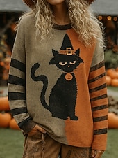 billige Halloween topper-Dame Pullover Grafisk Katt Gresskar Årgang Mote Klassisk Langermet Crew-hals Vanlige topper Avslappet Trykt mønster Oransje Høst Vinter