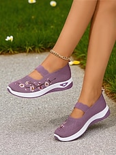 economico Sneakers da donna-sneakers da donna modello Mary Jane in Flyknit viola con ricami floreali, scarpe leggere e traspiranti per camminare e per outfit casual