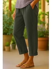cheap Plain Cotton Linen Pant-Women&#039;s Cotton Pants Vacation Vintage Ethnic Style Ankle-Length High Waist Plain Comfy Breathability Soft Micro-elastic Army Green Dark red Black White Summer Spring Loose Fit