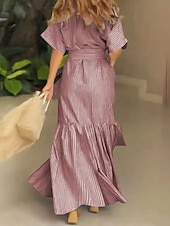 economico Vestito Semplice-Per donna Abito Lungo Maxi Abito Abito Camicia Moderno Quotidiano All'aperto Vacanza Vestibilità regolare A righe Manica Corta Girocollo Colletto a Camicia Blu Magenta Nero Rosa Primavera Autunno