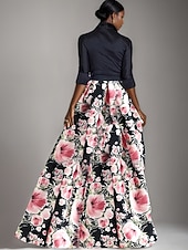 economico Lunghezza del pavimento-Abito madre della sposa A-Line abito elegante a righe floreali abito a camicia elegante con fiocco pieghe lungo fino al pavimento colletto a camicia in satin maniche 3/4 con bottoni primavera estate