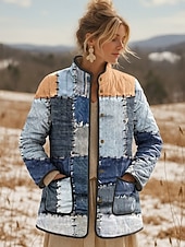 Women's Winter Jacket Quilted Jacket Warm Lightweight Print Elegant Vintage Fashion Geometric Vacation Home Office / Career Casual Regular Stand Collar Regular Fit Long Sleeve Outerwear Blue Fall3