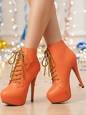 baratos Festa da Vida Noturna-Botas femininas plataforma de couro sintético bege com cadarço - sapatos de festa com salto alto e salto agulha para vida noturna e balada