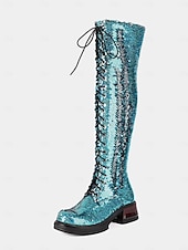 preiswerte Modische Stiefel-türkisfarbene, kniehohe Schnürstiefel für Damen mit Pailletten – glitzernde Party-Schuhe im Combat-Stil für das Nachtleben und Club-Outfits