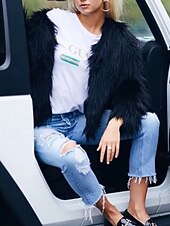 preiswerte Felle &amp; Leder-Damen Kunstpelzmantel Warm Bequem Pelze &amp; Leder Mode Einfach Urlaub Straße Ausgehen Wochenende Regulär Rundhalsausschnitt Normale Passform Langarm Oberbekleidung Schwarz Weiß Rosa Herbst Winter