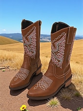 levne Cowboy &amp; Western Boots-Dámské hnědé kovbojské westernové boty z umělé kůže s vyšívaným prošíváním, nízké podpatky do půli lýtek na rodeo, festivaly i každodenní nošení