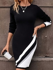 voordelige Strepen- en geometrische jurk-Dames Halflange jurk Schede jurk Casual Dagelijks Normale pasvorm Geometrisch Lange mouw Strakke ronde hals Zwart Rood Groen Lente Herfst