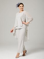 abordables Costumes-pantalons pour maman-Tailleur trois pièces Mère de la mariée Élégant Grande taille Longueur de sol Chiffon Sans manches Enveloppée avec couleur unie pour impressionner taille personnalisée gratuite