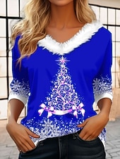 abordables Hauts de Noël-Noël Femmes T-shirt Graphique Arbre de Noël ancien Élégant Classique manche longue Col en V Hauts Réguliers Quotidien Patchwork Imprimé Rose Claire Rouge Bleu Vert Automne Hiver