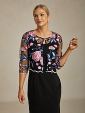 levne Blazery a obleky-Dámské Blejzr Lehká váha Krajka Výšivka Elegantní Květinový Formální Krátké Výstřih ke krku Běžný 3/4 délka rukávu Svrchní oděvy Fuchsiová Léto Jaro