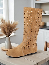 cheap Slouch Boots-Women&#039;s Slouchy Mid-Calf Boots with Floral Cutout Design, Casual Boho Style for Autumn Street and Everyday Wear