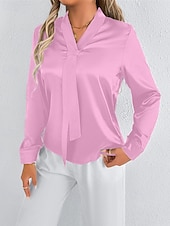 economico Top eleganti-Per donna Camicia Camicia in raso Tinta unica Elegante Casual Manica Lunga Scollo a V Top Regolari Quotidiano Uscire Nodo frontale Rosa Rosso Primavera Autunno