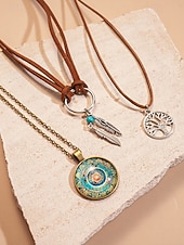 Χαμηλού Κόστους Γυναικείο Κολιέ-Γυναικείο μποέμ κολιέ με στρώσεις, τριπλό κόσμημα με φτερό, δέντρο της ζωής και vintage στρογγυλό γούρι για φεστιβάλ, πάρτι και casual ρούχα