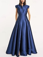 cheap A-Line Evening Dresses-Black Red A-Line Evening Gown Elegant Formal Dress Formal Wedding Floor Length Short Sleeve Queen Anne Pocket Satin with Pocket 2025