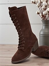 baratos Botas de combate-Botas femininas de cano médio em camurça sintética marrom escuro com salto grosso – botas estilo vintage para outono e inverno e uso diário