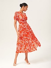 baratos vestido casual estampado-Feminino Vestido casual Vestido midi Preto Azul Laranja Manga Curta Abstrato Verão Primavera Decote V Elegante Férias XS S M