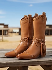 baratos Cowboy &amp; Western Boots-botas de cowboy femininas com tira trançada e detalhes de tachas, calçados estilosos para passeios casuais e eventos com tema western