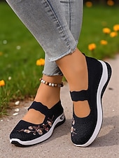 economico Sneakers da donna-sneakers da donna modello Mary Jane in Flyknit viola con ricami floreali, scarpe leggere e traspiranti per camminare e per outfit casual