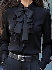 billiga Dressiga toppar-Dam Elegant Satin Blus Slät Elegant Långärmad Tröjkrage Vanliga toppar Dagligen Volang Rosett Svart Vit Rubinrött Grå Höst