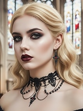 tanie Akcesoria Halloween-Zestaw damski naszyjnik i kolczyki w stylu gotyckim z koronką na Halloween – czarna koralikowa biżuteria wampirza na imprezę kostiumową i cosplay