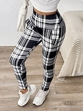 halpa Taide ja muotoilu painatus-Naisten fleecevuoratut leggingsit Fleece-housut Leggingsit Loma Muoti Katutyyli Täyspitkä Korka vyötärö Skottiruutukuvio Tulostus Korkea leikkaus Mukava Pehmeä Elastinen Päivittäin Koti Loma Musta