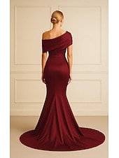 abordables Mermaid Evening Dresses-Mermaid Trumpet Sweep Brush Train Prom Dresses Evening Gown Ball Gown Formal Dress Elegant Sleeveless Off Shoulder Wedding Formal Pink Dress Stretch Satin with Pleats