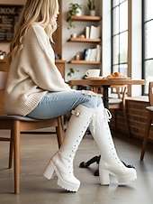 abordables Bottes de combat-Bottes à lacets blanches à plateforme pour femmes, hauteur genou, avec talon carré et bride à boucle - Chaussures de mode rétro pour les fêtes, le cosplay et les soirées