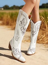 levne Cowboy &amp; Western Boots-Dámské vyšívané kovbojské kozačky do poloviny lýtek s blokovým podpatkem, boty ve westernovém stylu na večírky a festivaly