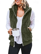 abordables Chaquetas Sherpa-Mujer Chaqueta casual Cómodo Transpirable Cremallera Bolsillo Casual Plano Vacaciones Calle Casual Ropa Cotidiana Cremallera Corto Regular Con Capucha Ajuste regular Sin Mangas Ropa de calle Negro