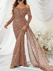 baratos Vestidos de baile-Sereia Vestidos de noite Elegante Traje formal Formal Casamento Cauda Escova Manga Longa Ombro a Ombro Renda com Pregas Franzido 2025