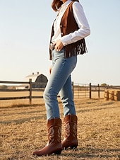 ieftine Cizme Cowboy &amp; Western-Cizme cowboy pentru femei cu cusături western brodate, vârf ascuțit și toc bloc jos - încălțăminte urbană casual elegantă pentru ținute de stradă și de zi cu zi