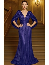 voordelige Zeemeermin Avondjurken-Gouden Sequin A-Lijn Avondjurk Elegante Jurk Formele Bruiloft Vloerlengte Korte Mouwen V-Hals Capes Lurex Stof met Plooien