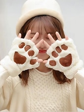 baratos Luvas femininas-Luvas de pelúcia femininas com garras de gato – luvas fofas e peludas com garras de gato, luvas sem dedos quentes e macias para inverno, para cosplay, Halloween e uso diário