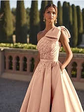 economico Abiti da Sera a Linea A-Abito da sera a-linea elegante formale per matrimoni lungo fino al pavimento senza maniche a spalla unica in raso con fiocchi glitterati e perline