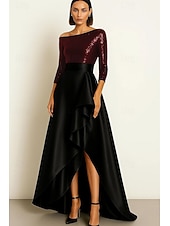 preiswerte A-Linie Abendkleider-schwarz-goldenes A-Linien-Abendkleid, elegantes Abendkleid, formelle Hochzeit, asymmetrisch, 3/4-Ärmel, ein Schulterstück, Stretch-Pailletten-Satin mit Rüschen, Schlitz 2025