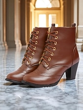 abordables Années 1950-Bottines brogues à lacets marron vintage années 1950 pour femmes – bottines à talons ronds en similicuir pour tenues rétro, tenues de tous les jours et mode automnale