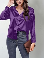  Mulheres Camisa Social Elegant Elegante Top de cetim Botões Côr Sólida à moda Casual Manga Longa Colarinho de Camisa Tops regulares Diário Para Noite Verde Claro Azul Céu Roxo Laranja Cáqui Primavera