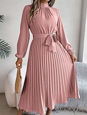 baratos Vestido Simples-Mulheres Vestido midi vestido de cetim Vestido de festa Vestido Coquetel Vestido franzido Elegante Moderno Festa de Noite Festa Encontro Normal Tecido Manga Longa Colarinho Chinês Preto Rosa Vinho