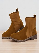 abordables Botines-Botines de ante sintético marrón claro para mujer con caña de punto acanalado: acogedores botines estilo Chelsea para otoño e invierno, ideales para looks informales.