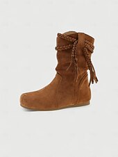 olcso Slouch Boots-Női velúr csizma, fonott bojtos részletekkel, bohém lezser stílusú, kényelmes, lapos talpú cipő, női városi utcai viseletre és mindennapi viseletre.