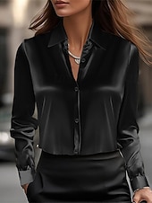  Per donna Camicia Elegant Top in raso A calotta di seta Bottoni Tinta unica Elegante Essenziale Casual Manica Lunga Colletto a Camicia Top Regolari Quotidiano Ferie Blu Argento Nero Bianco Champagne