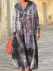preiswerte Kunst &amp; Design Kleider-Damen Midikleid Sommerkleid A Linie Kleid Urlaub Lässig Boho Ausgehen Strand Lässiger Schnitt Grafik Geometrisch Langarm V Ausschnitt Rosa Blau Purpur Grün Frühling Herbst Winter