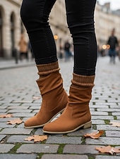 billiga Slouch Boots-damstövlar i beige mocka – avslappnade och bekväma stövlar i västerländsk stil med låg klack