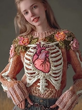 billige Halloween Bluse og Skjorter-Dame Genser søt stil Gatemote Fritid Grafisk Skjelett Crew-hals Lapper Strikket Langermet Vanlige topper Strikke Halloween Svart Rosa Høst Vinter