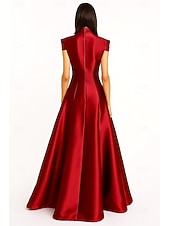cheap A-Line Evening Dresses-Black Red A-Line Evening Gown Elegant Formal Dress Formal Wedding Floor Length Short Sleeve Queen Anne Pocket Satin with Pocket 2025